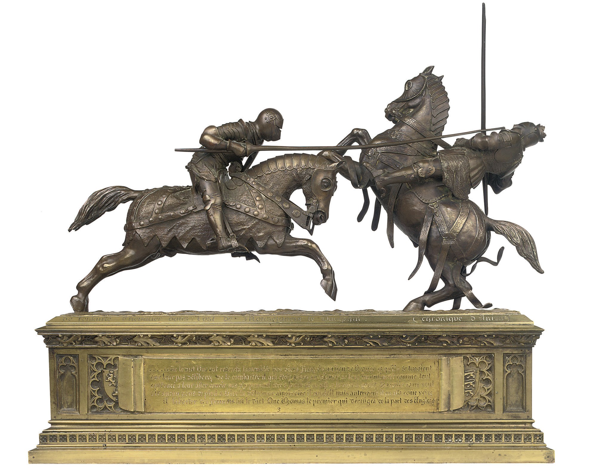A FRENCH BRONZE AND PATINATED-BRONZE EQUESTRIAN GROUP ENTITLED 'MORT DE MONSEIGNEUR LE DUC DE CLARENCE'