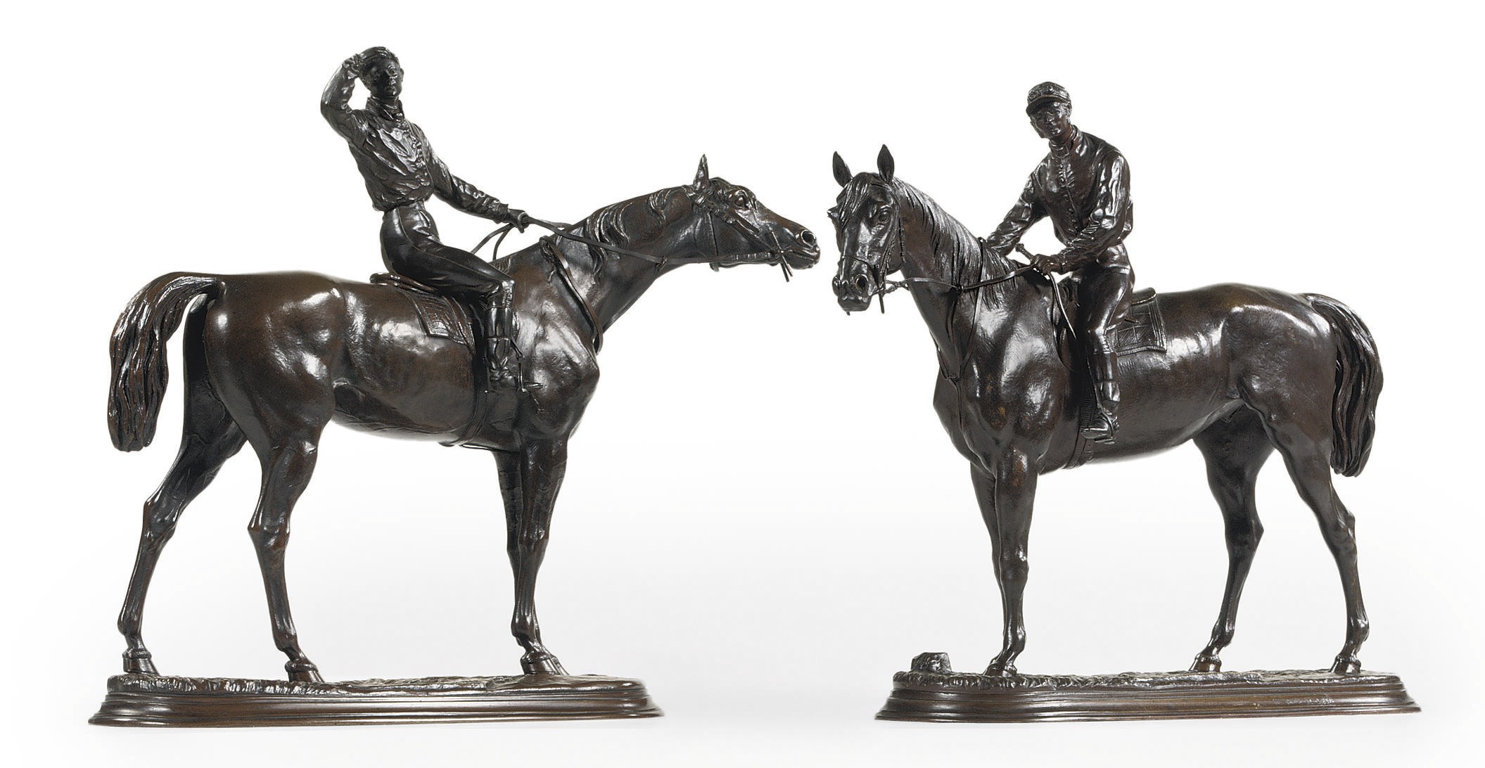 A PAIR OF FRENCH BRONZE GROUPS ENTITLED 'AVANT LA COURSE' AND 'RETOUR AU PESAGE'