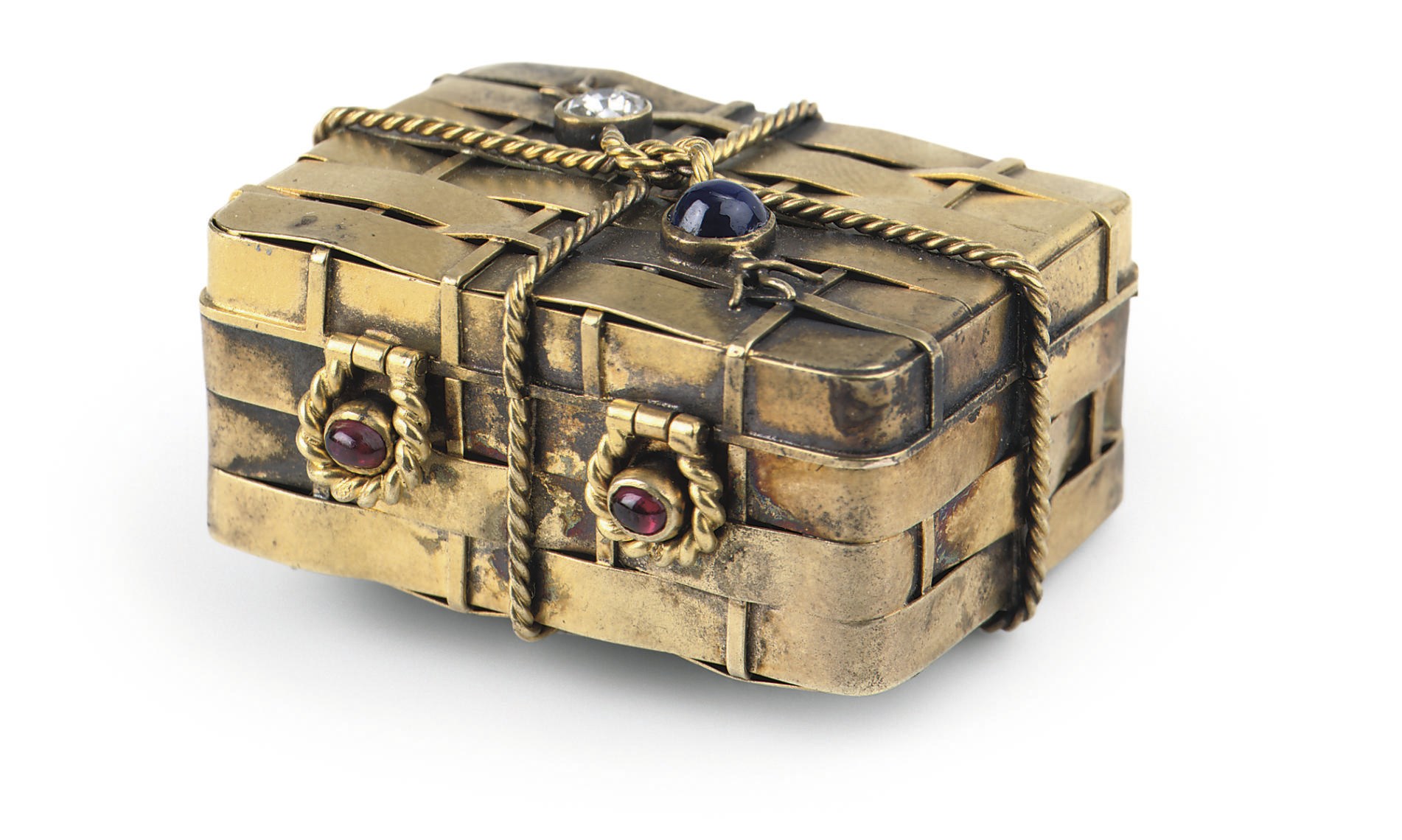 A gold, diamond, ruby and saphire scent-box