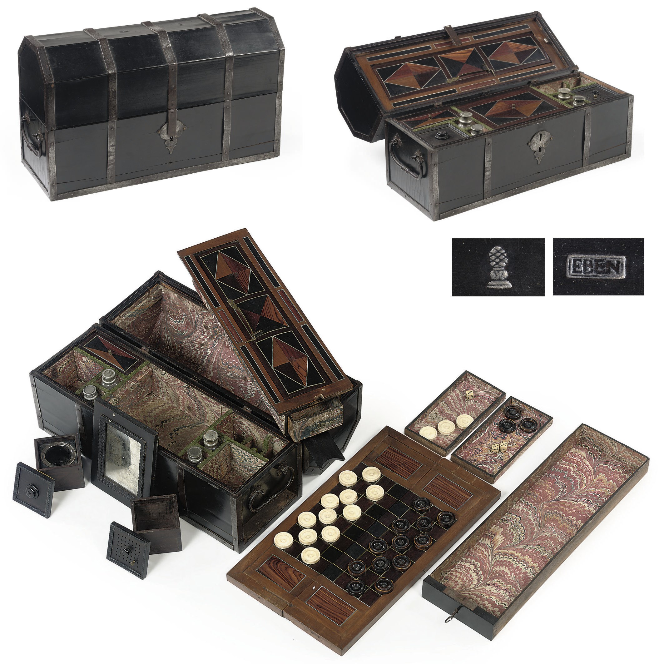 A SOUTH GERMAN IRON-BOUND EBONY TRAVELLING CASKET