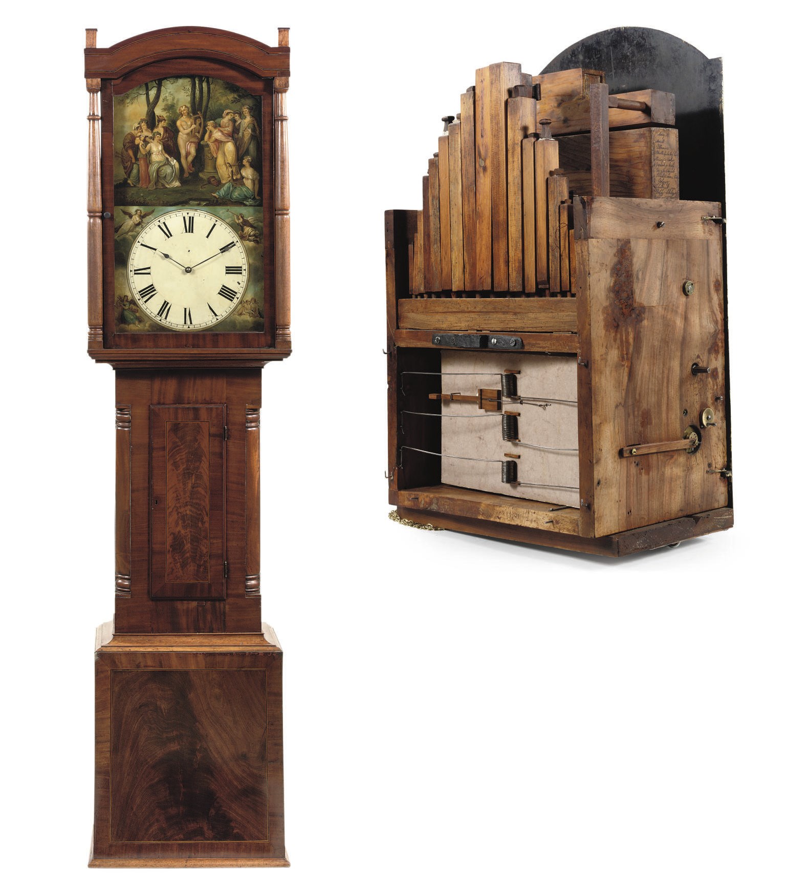 A BLACK FOREST MAHOGANY LONGCASE ORGAN CLOCK