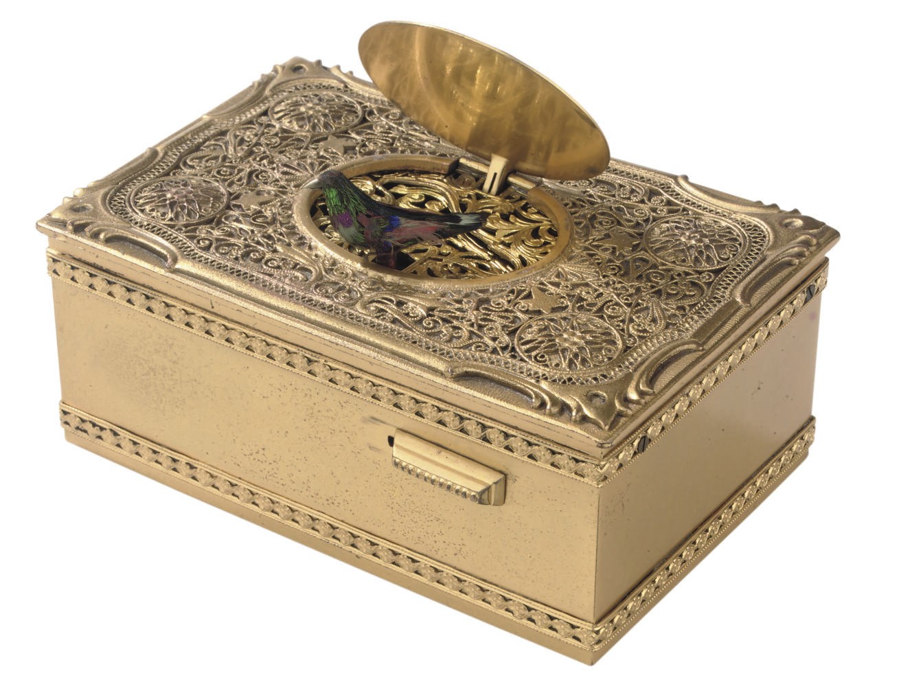 A GERMAN GILT-BRASS SINGING BIRD BOX
