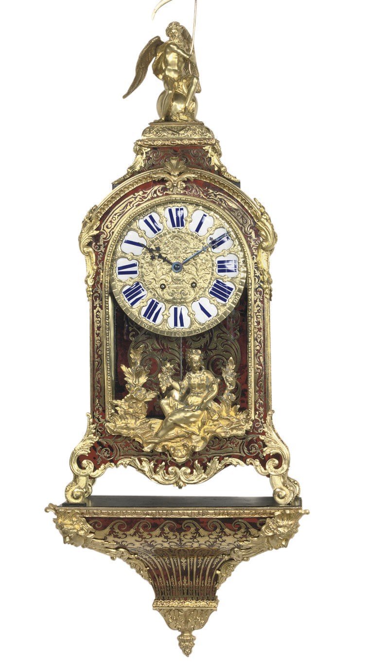 A NAPOLEON III ORMOLU-MOUNTED, TORTOISESHELL AND BOULLE MARQUETRY STRIKING BRACKET CLOCK, ON WALL BRACKET