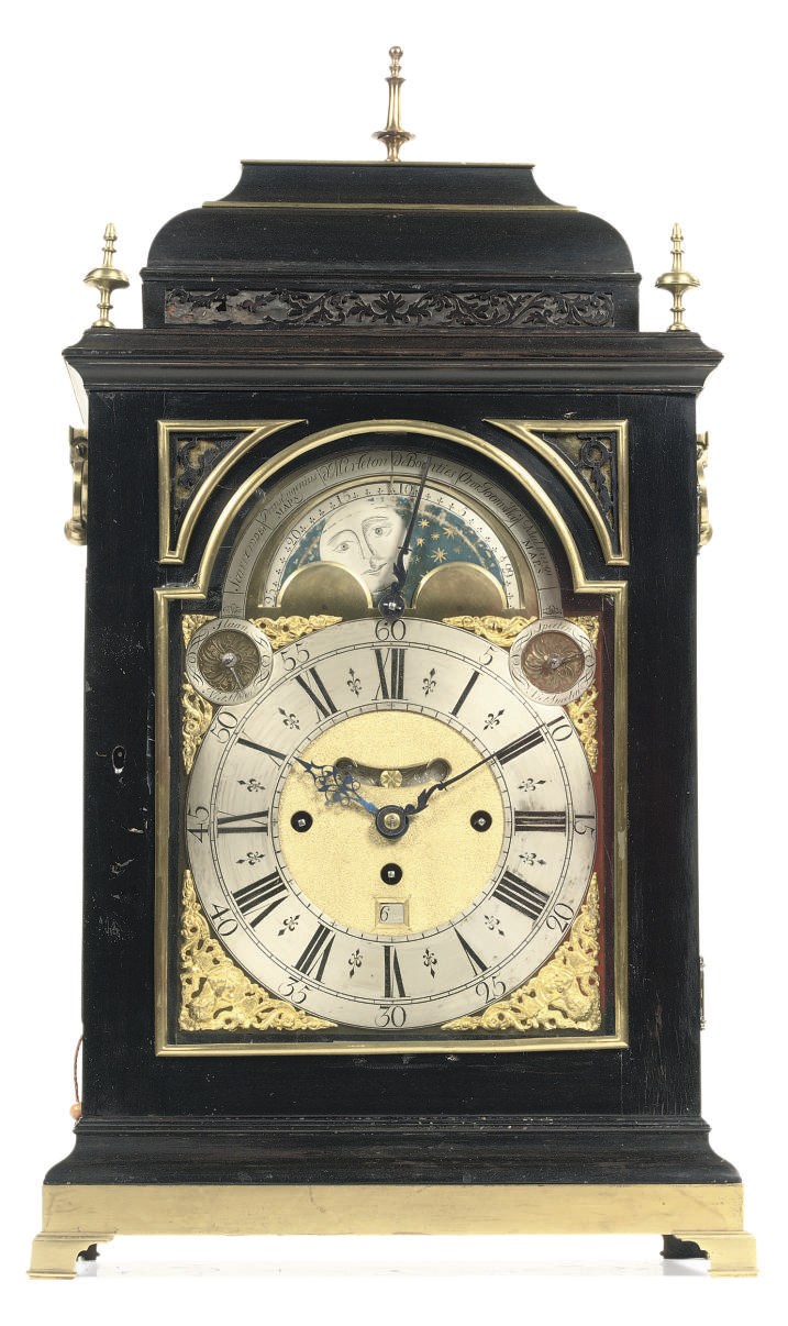 A DUTCH BRASS-MOUNTED EBONY AND EBONISED STRIKING AND MUSICAL TABLE CLOCK