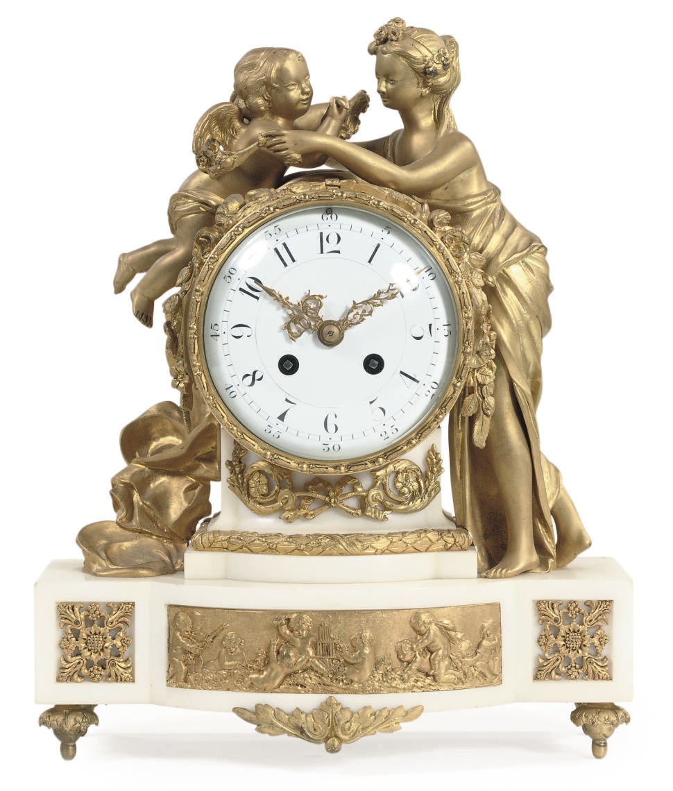 A FRENCH ORMOLU-MOUNTED WHITE MARBLE FIGURAL STRIKING MANTEL CLOCK
