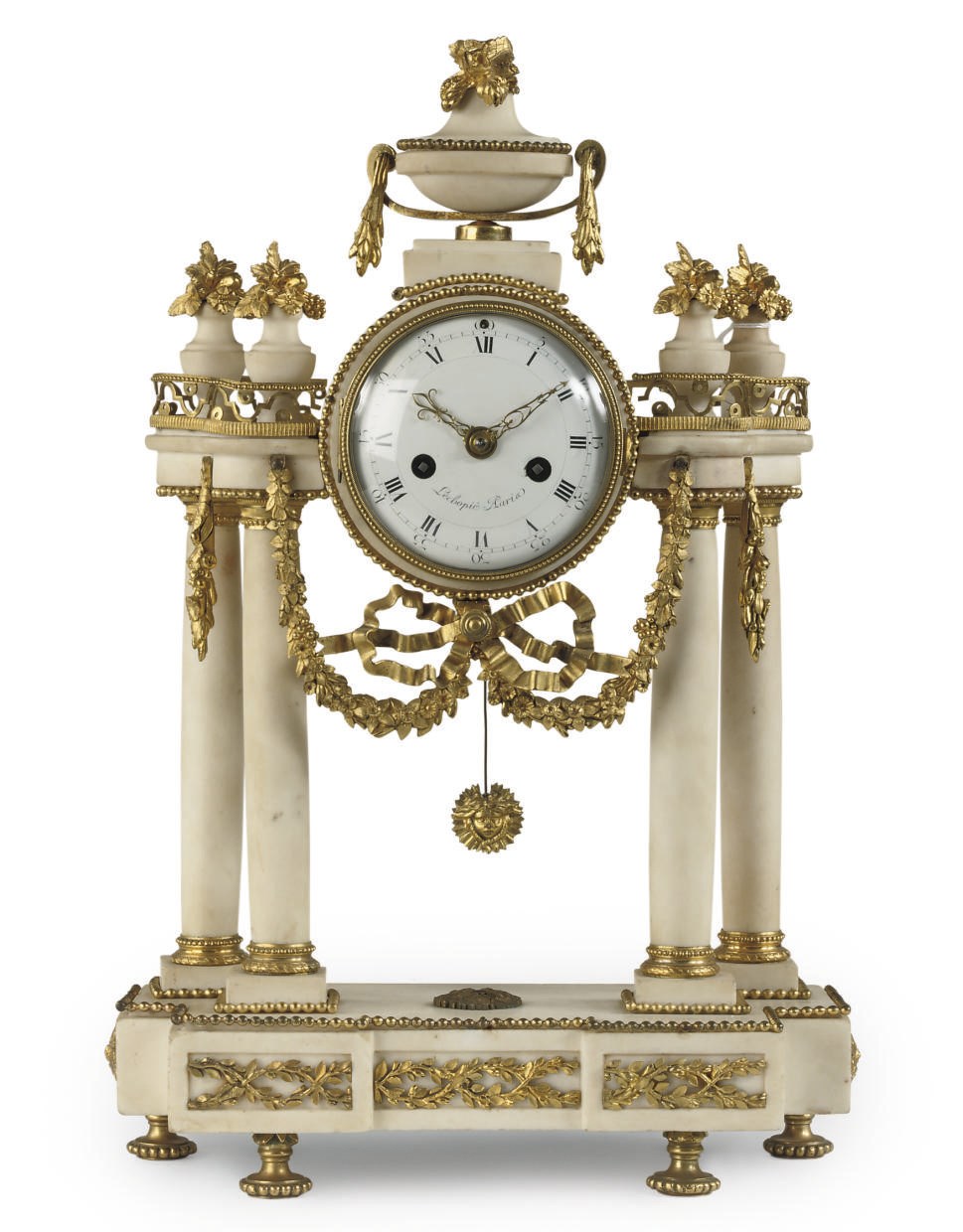 A LOUIS XVI ORMOLU-MOUNTED WHITE MARBLE STRIKING PORTICO CLOCK