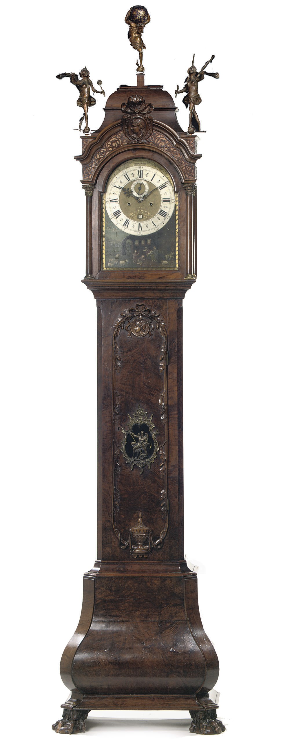 A DUTCH WALNUT LONGCASE CLOCK WITH AUTOMATON DIAL