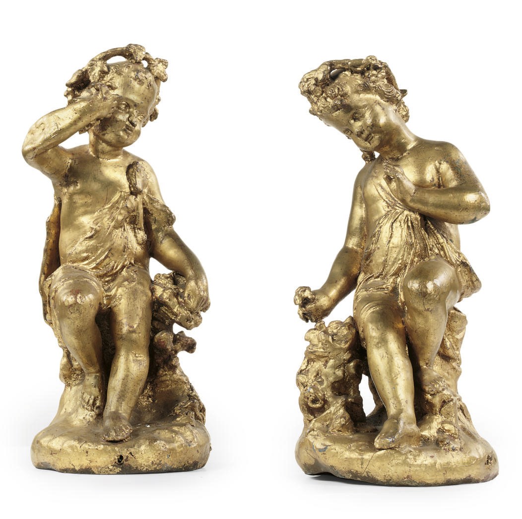 A PAIR OF DUTCH GILT-LEAD FIGURES OF BACCHANTES