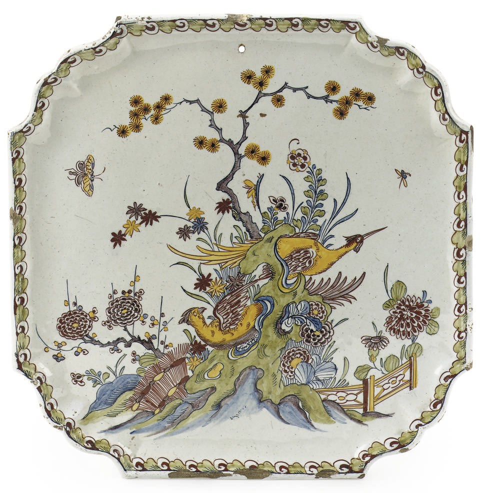 A Dutch Delft polychrome chinoiserie square plaque