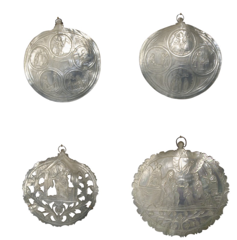 FOUR PORTUGUESE COLONIAL MOTHER-OF-PEARL RELIEF CARVED SHELLS