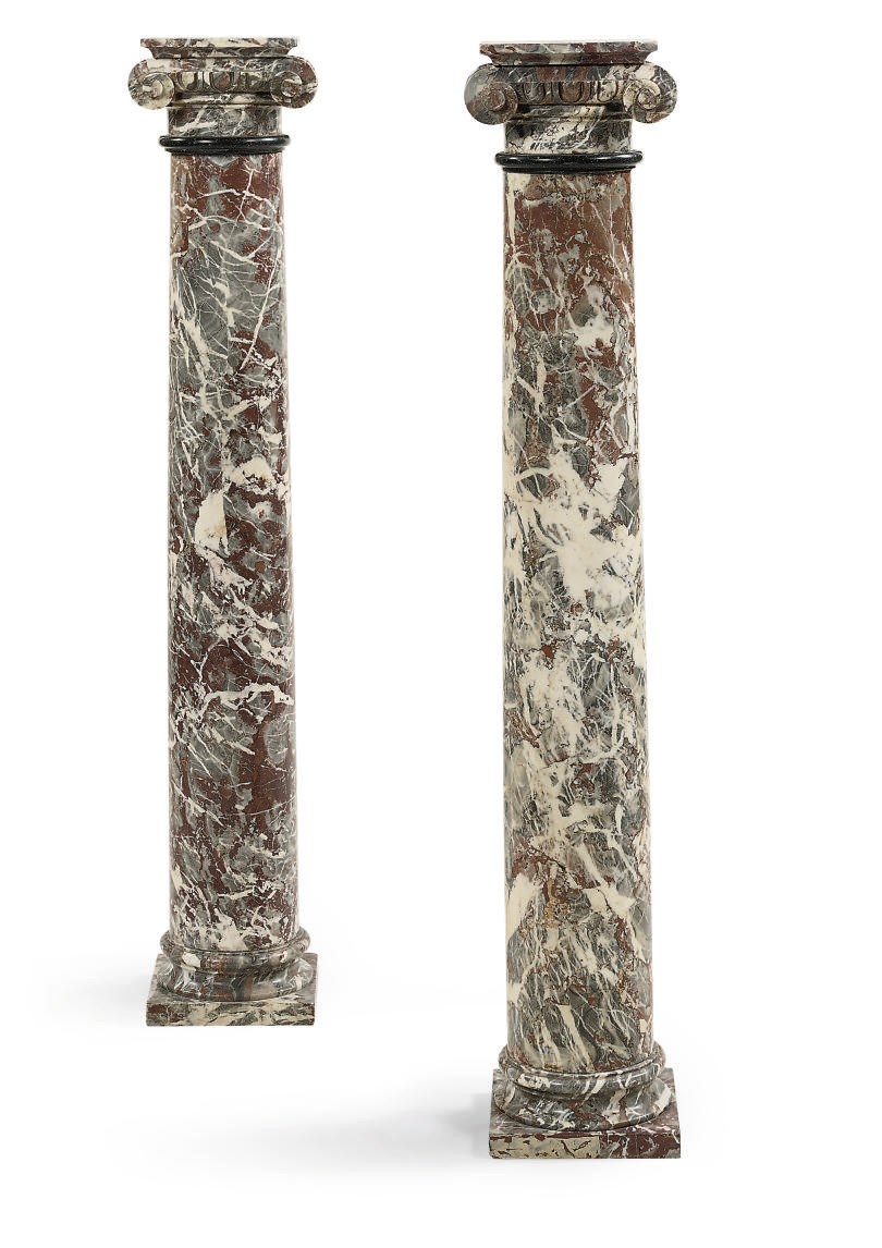 A PAIR OF ROUGE ROYALE MARBLE COLUMNS