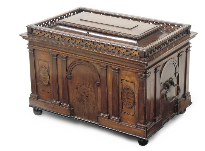 A GERMAN IRON-MOUNTED WALNUT AND FRUITWOOD CASKET, 'ZUNFTTRUHE'