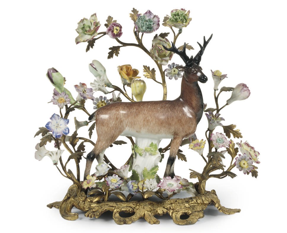 AN ORMOLU-MOUNTED MEISSEN MODEL OF A STAG