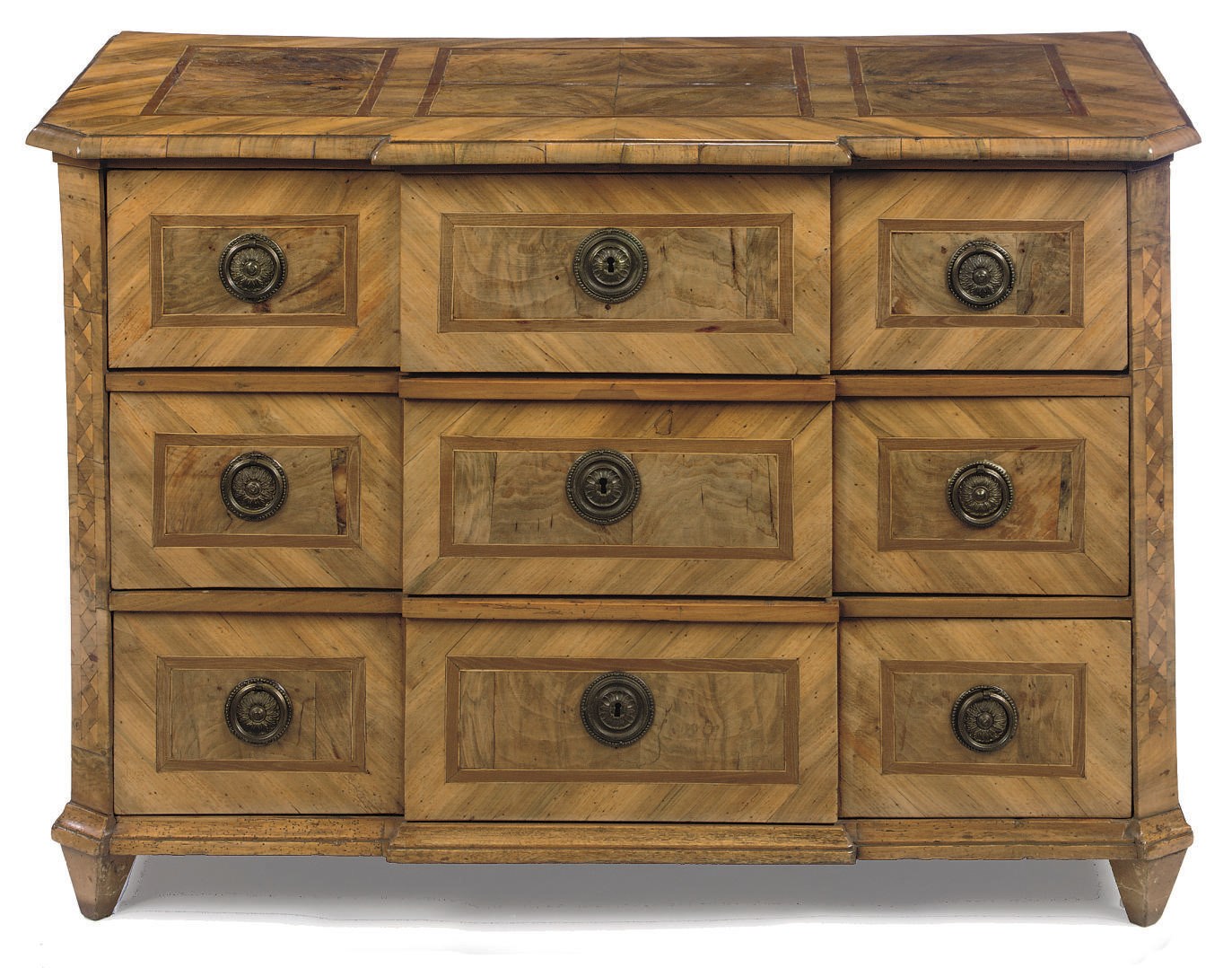 A WEST GERMAN WALNUT AND FRUITWOOD PARQUETRY COMMODE