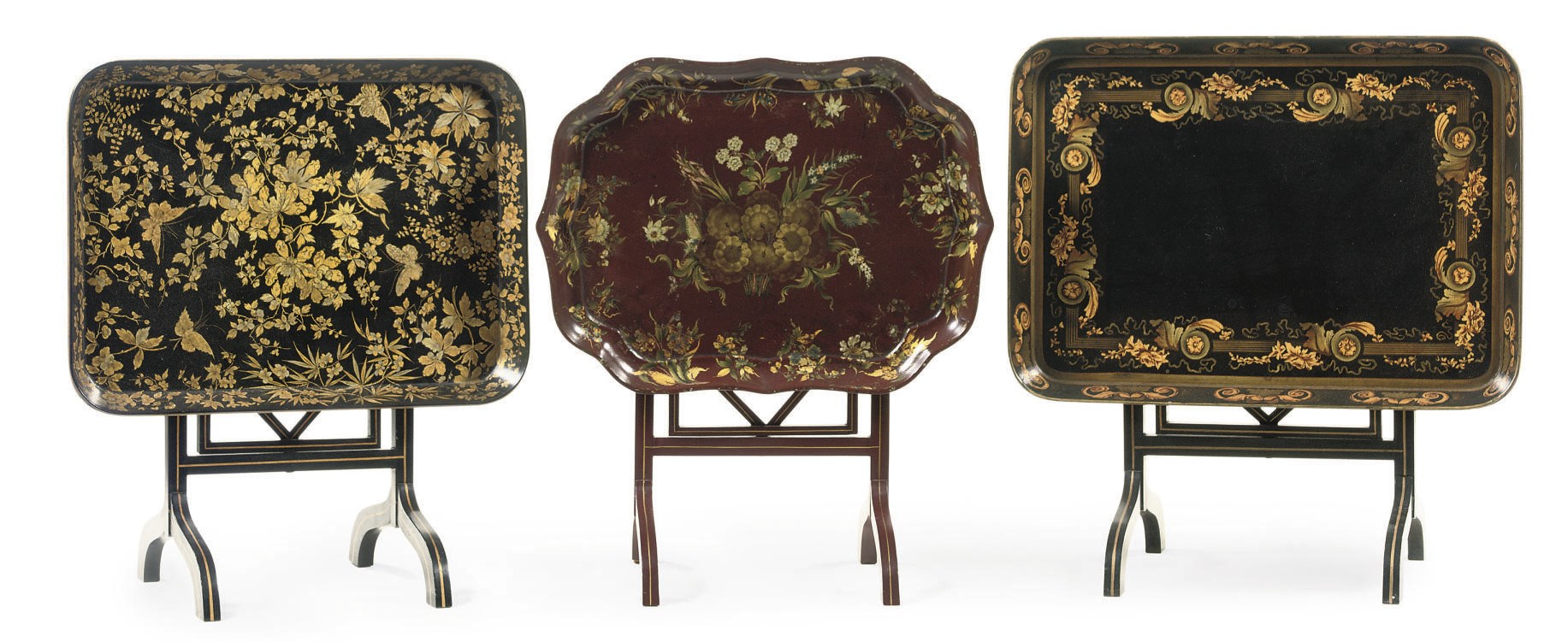 THREE ENGLISH GILT-JAPANNED PAPIER MACHE BUTLER TRAYS