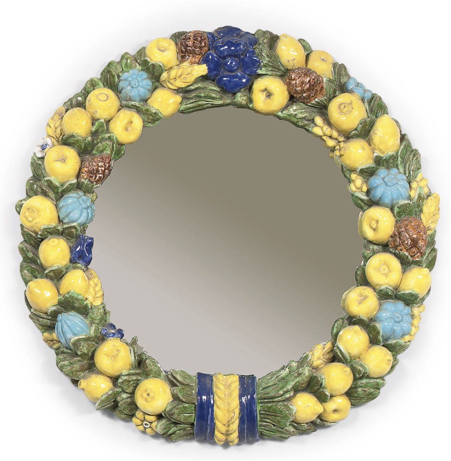A DELLA ROBBIA STYLE MAIOLICA MIRROR FRAME