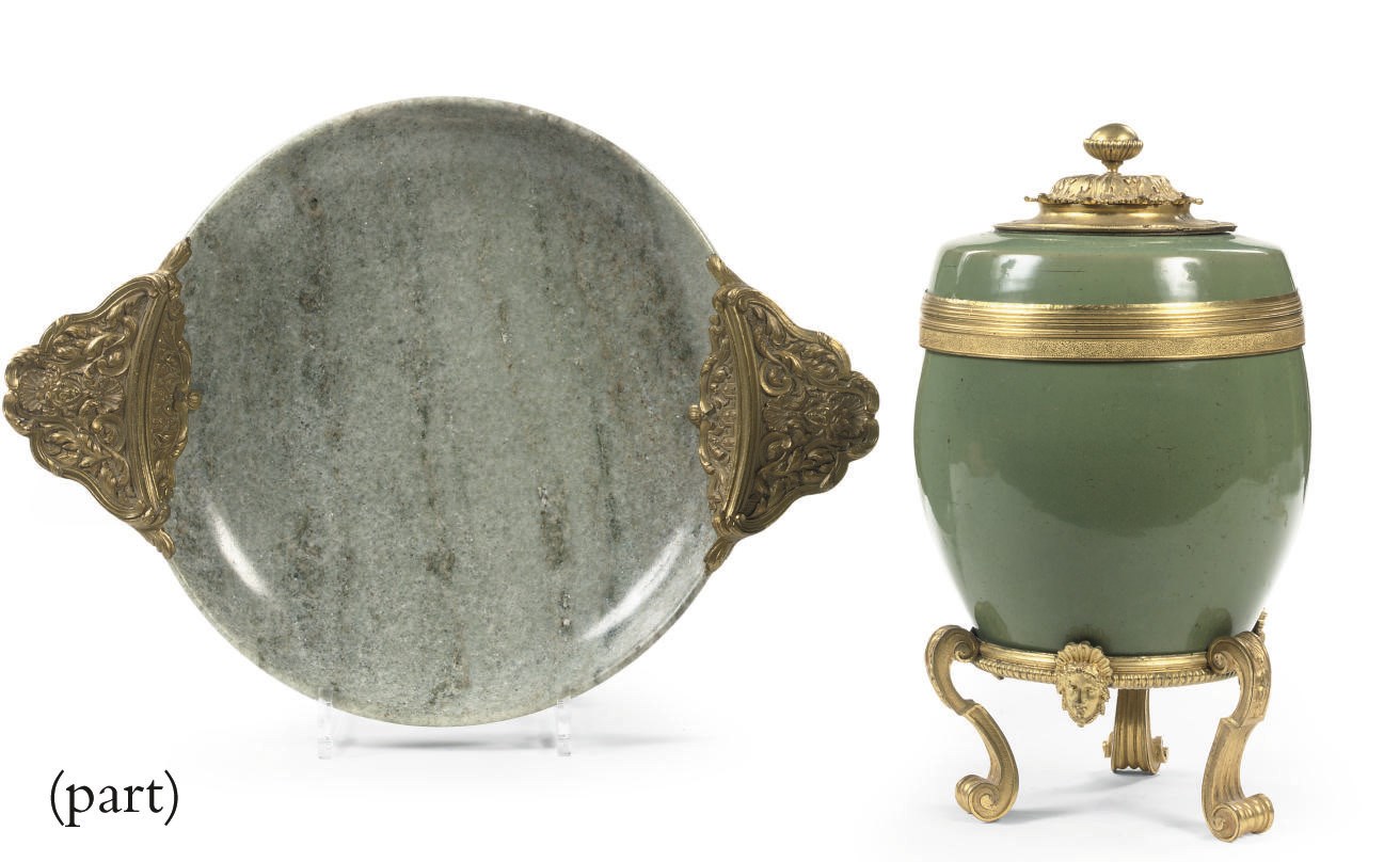 A PAIR OF ORMOLU-MOUNTED CELADON VASES AND COVERS ON STANDS