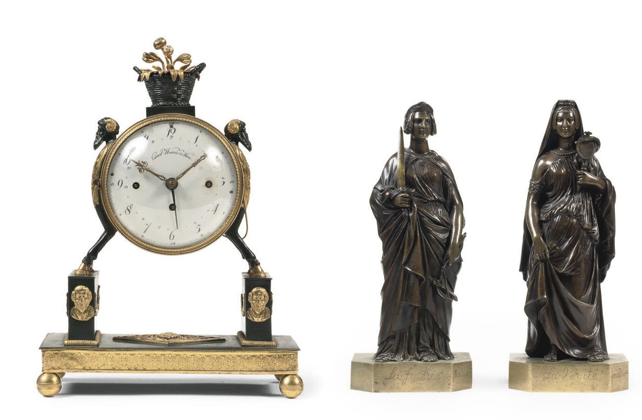 AN AUSTRIAN ORMOLU, PATINATED BRONZE AND GREEN PAINTED GRANDE SONNERIE MANTEL CLOCK