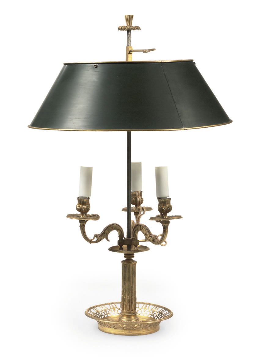 A FRENCH ORMOLU AND 'TÔLE PEINTE' BOUILLOTTE LAMP