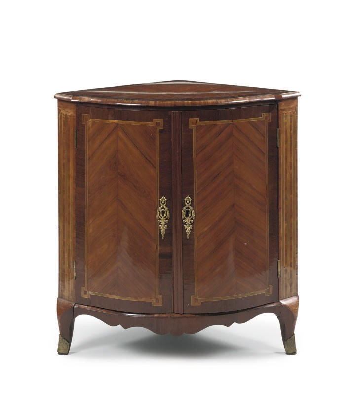A DUTCH ORMOLU-MOUNTED AMARANTH, TULIPWOOD AND FRUITWOOD ENCOIGNURE