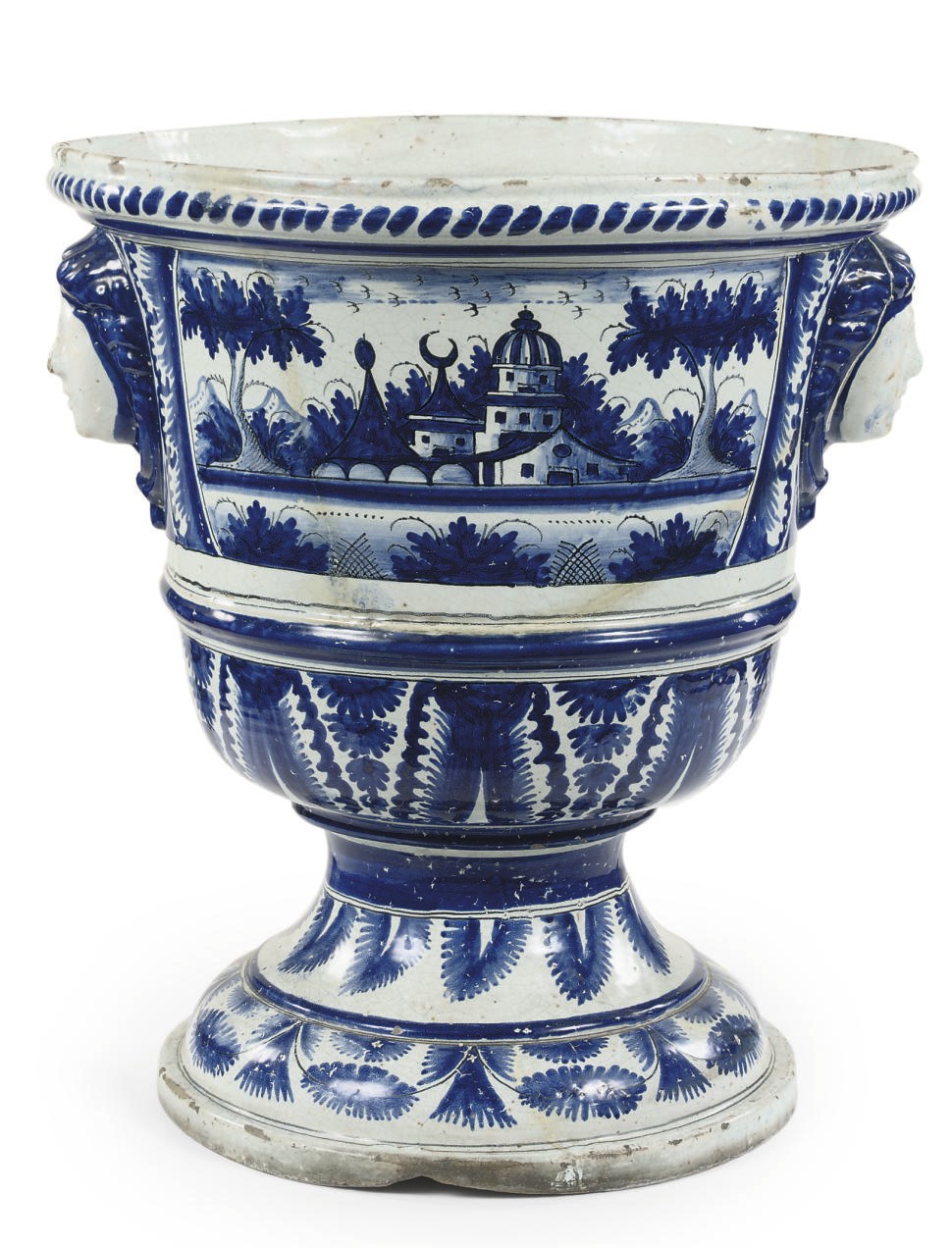 A LARGE GERMAN FAYENCE BLUE AND WHITE GARDEN VASE