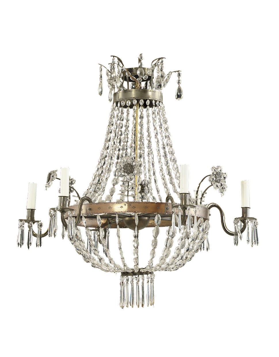 A NORTH EUROPEAN BRASS, CUT-GLASS AND SIX-LIGHT CHANDELIER