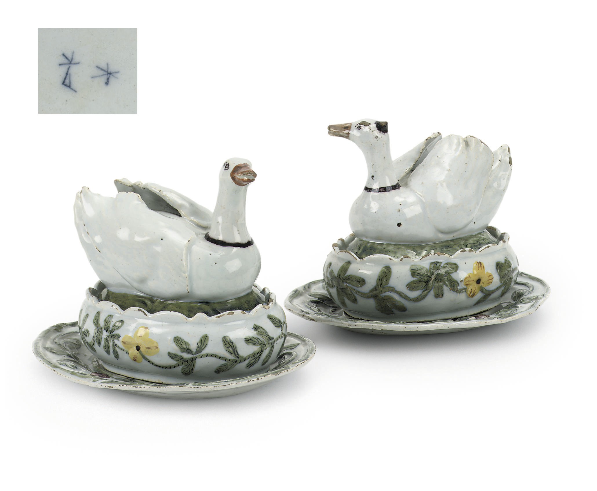 A PAIR OF DUTCH DELFT BUTTER BOXES AND STANDS