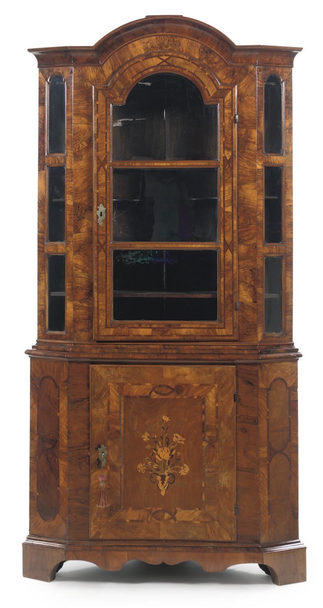 A GERMAN WALNUT, FIGURED-WALNUT AND FRUITWOOD MARQUETRY CORNER DISPLAY CABINET