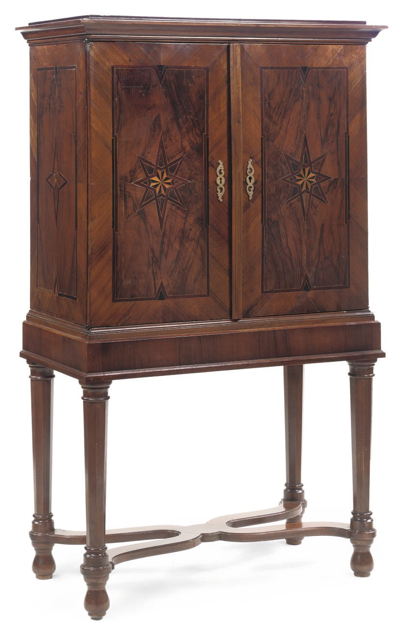 A GERMAN FIGURED-WALNUT, BURR MAPLE AND FRUITWOOD MARQUETRY CABINET-ON- STAND