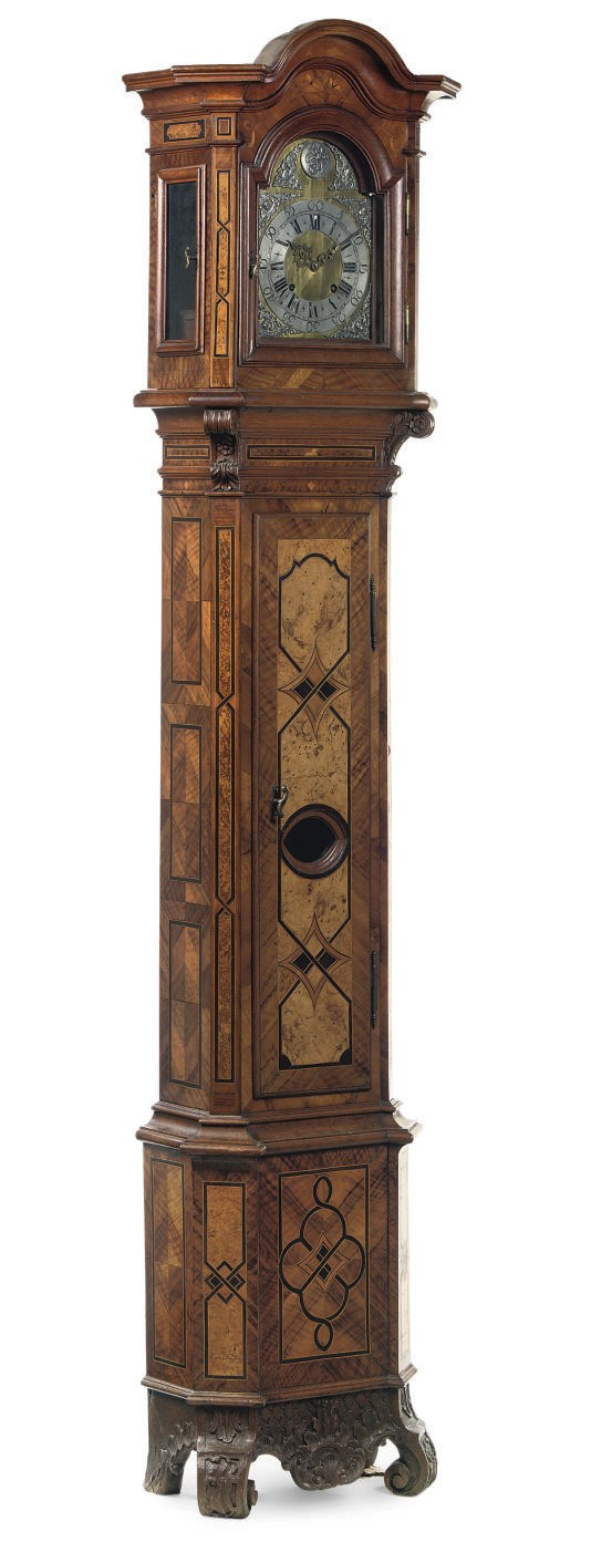 A WEST GERMAN WALNUT, BURR-BIRCH, OAK, FRUITWOOD AND BOG-OAK INLAID LONGCASE CLOCK