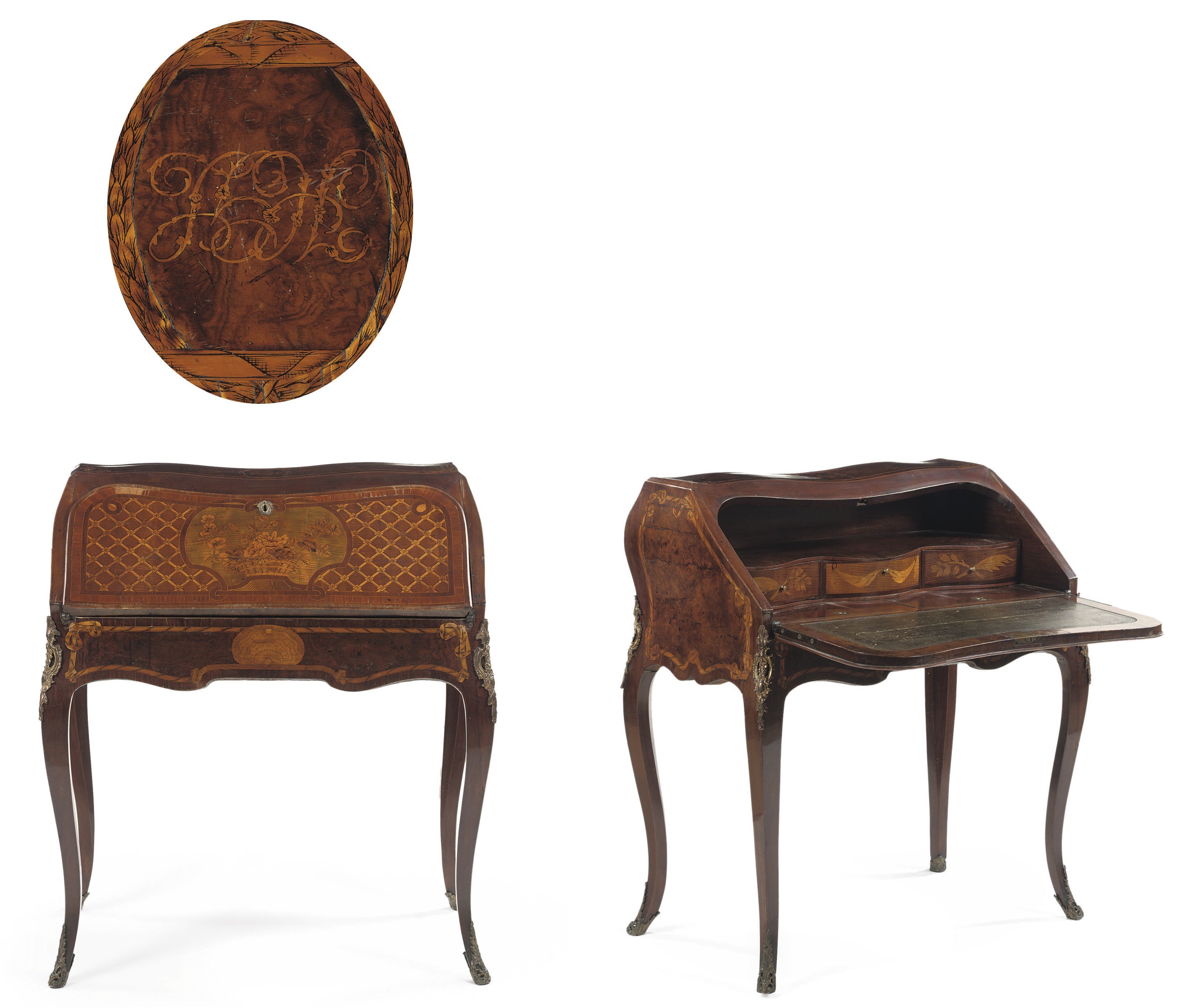 A DUTCH WALNUT BURR-WALNUT AND FRUITWOOD MARQUETRY SECRETAIRE EN PENTE A DOS D'ANE