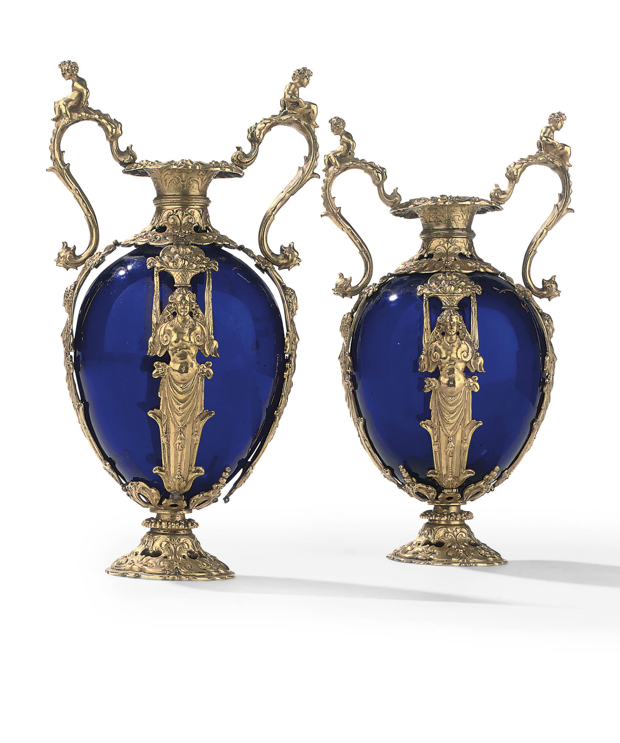 A PAIR OF ITALIAN ORMOLU-MOUNTED BLUE GLASS VASES