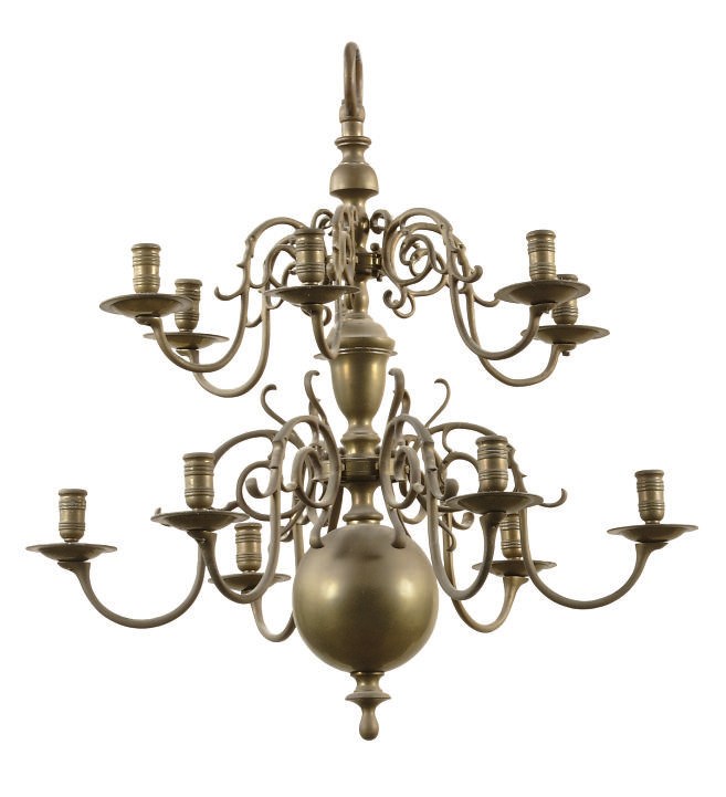 A DUTCH BRONZE TWO-TIER TWELVE-LIGHT CHANDELIER