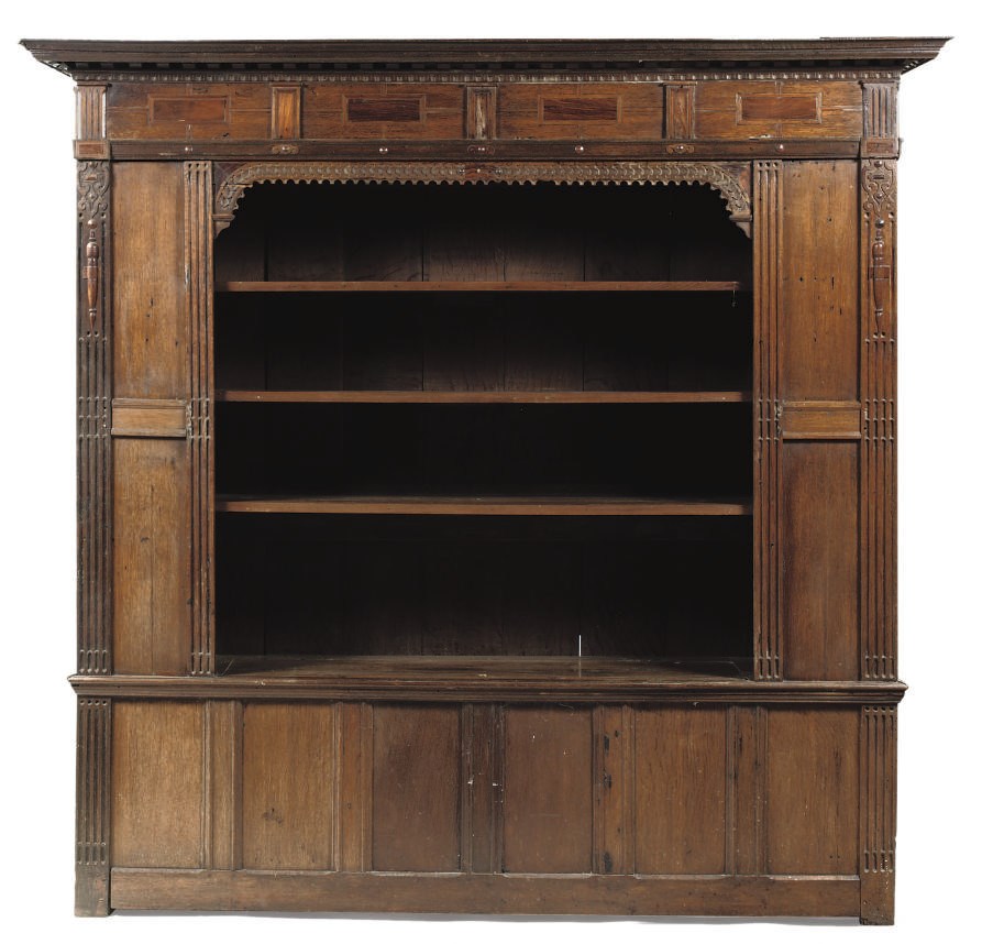 A NETHERLANDISH OAK AND WALNUT OPEN CUPBOARD