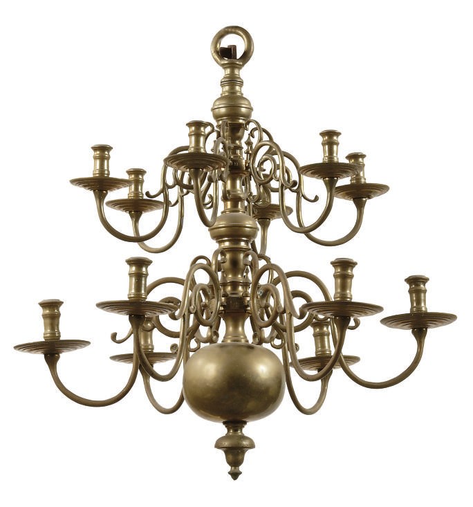 A DUTCH BRASS TWELVE-LIGHT CHANDELIER