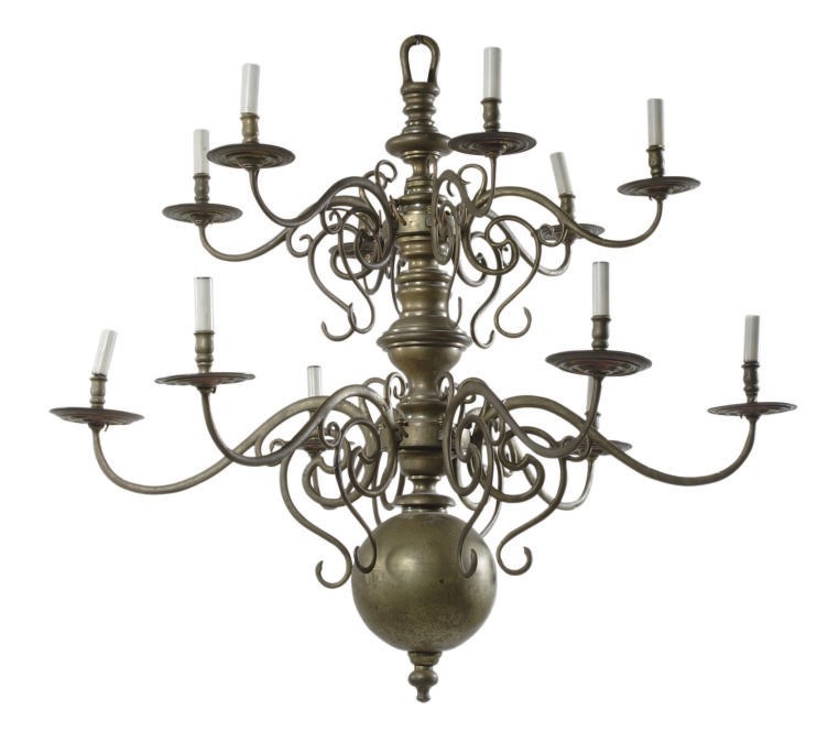A DUTCH BRASS TWELVE-LIGHT CHANDELIER