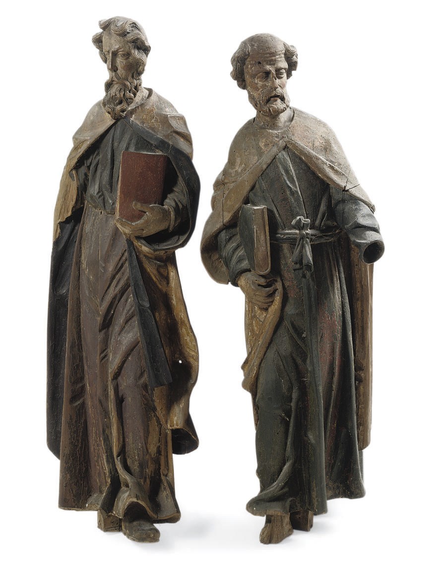A PAIR OF POLYCHROME CARVED LIMEWOOD FIGURES OF EVANGELISTS