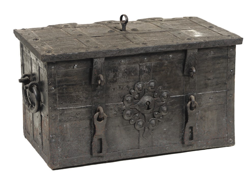A GERMAN WROUGHT-IRON MONEY CHEST