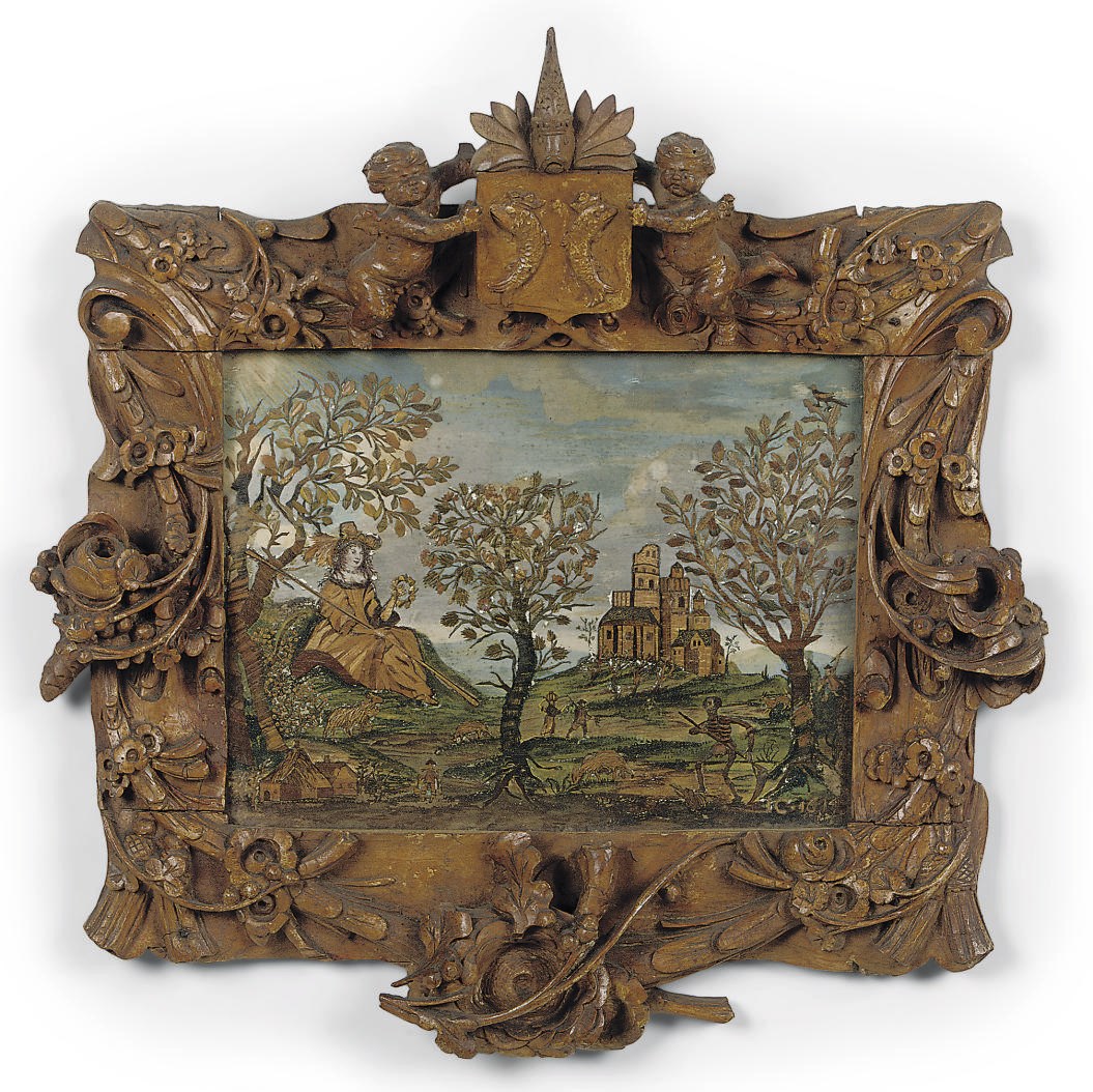 A DUTCH MARQUETRIE DE PAILLE PICTURE IN A CARVED LIMEWOOD FRAME