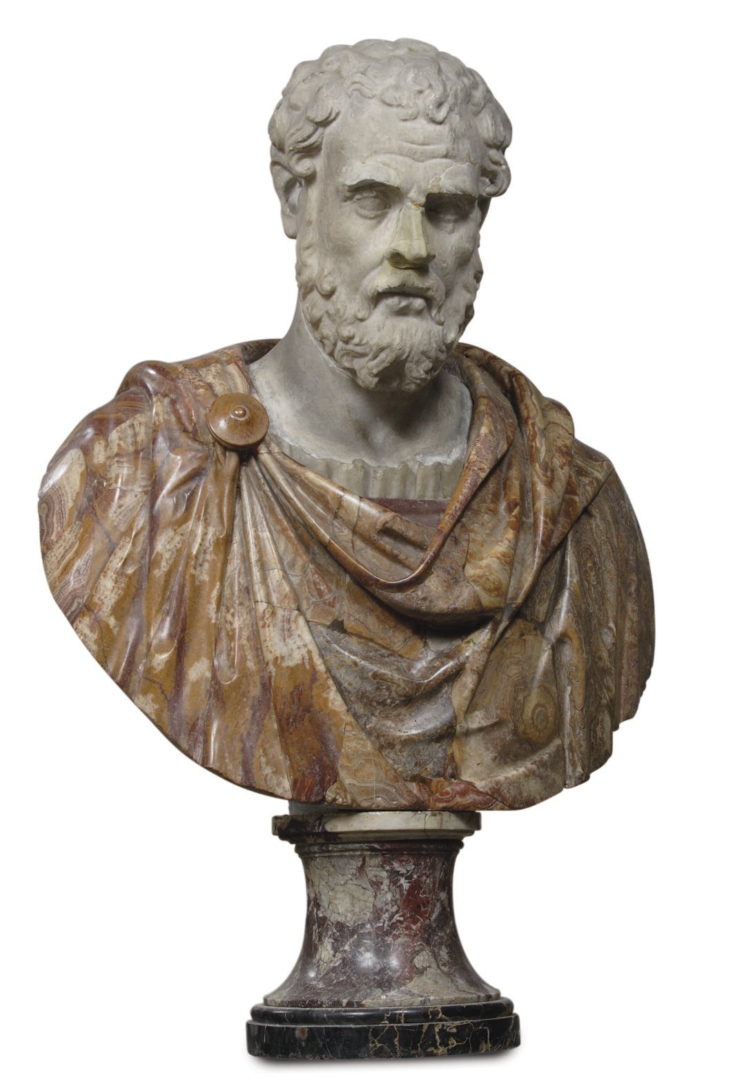AN ITALIAN CARVED WHITE MARBLE AND ALABASTER BUST