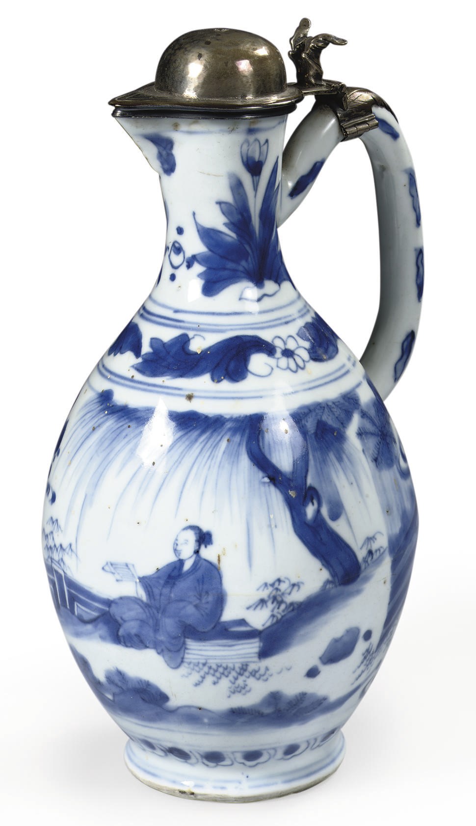 A Chinese Transitional blue and white silver-mounted ewer