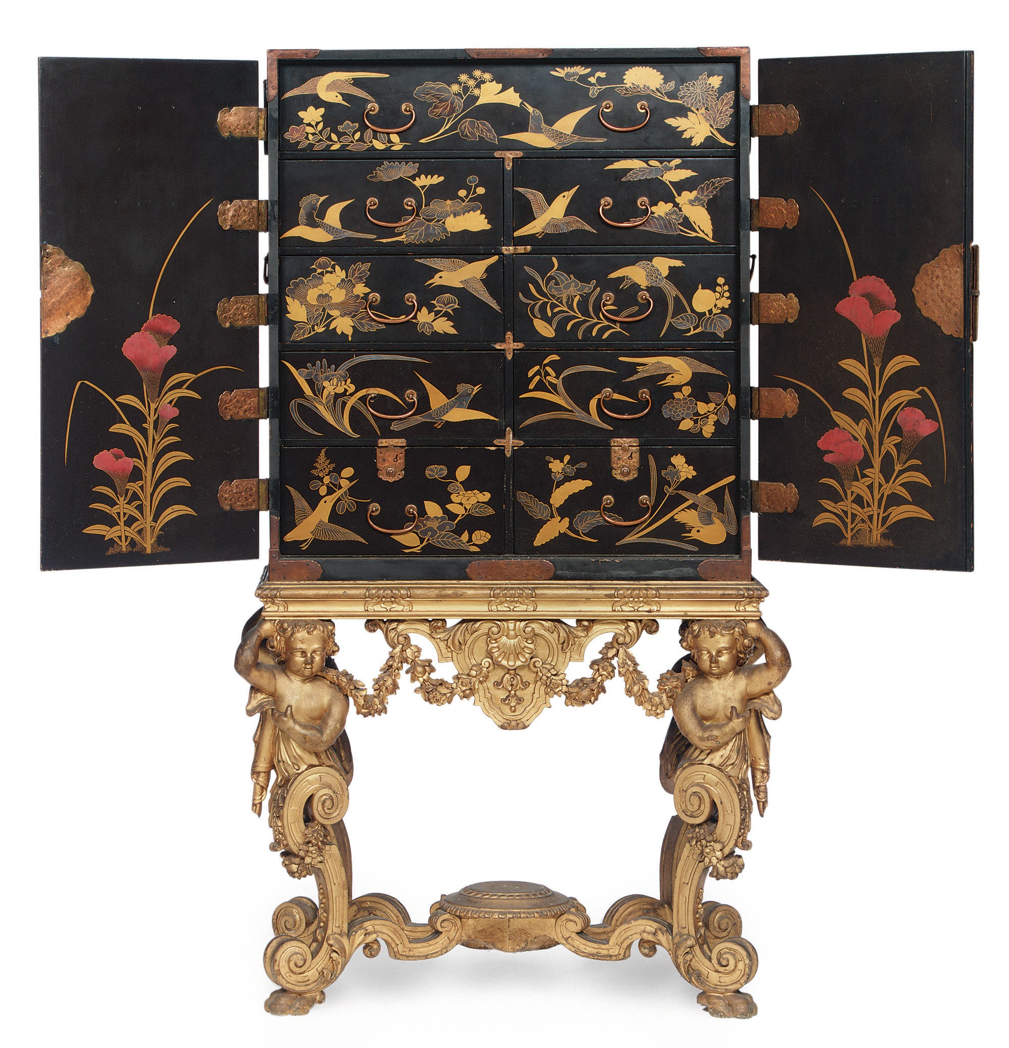 A JAPANESE BRONZE-MOUNTED GILT AND BLACK-LACQUERED CABINET ON GILTWOOD STAND