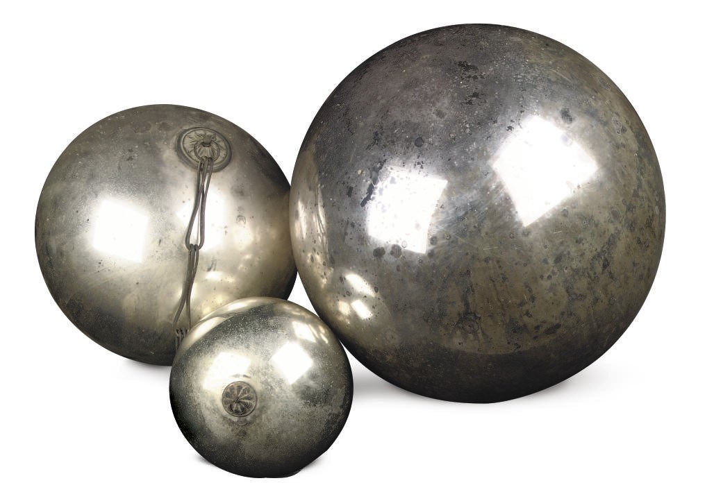 THREE SILVERED GLASS SPHERES