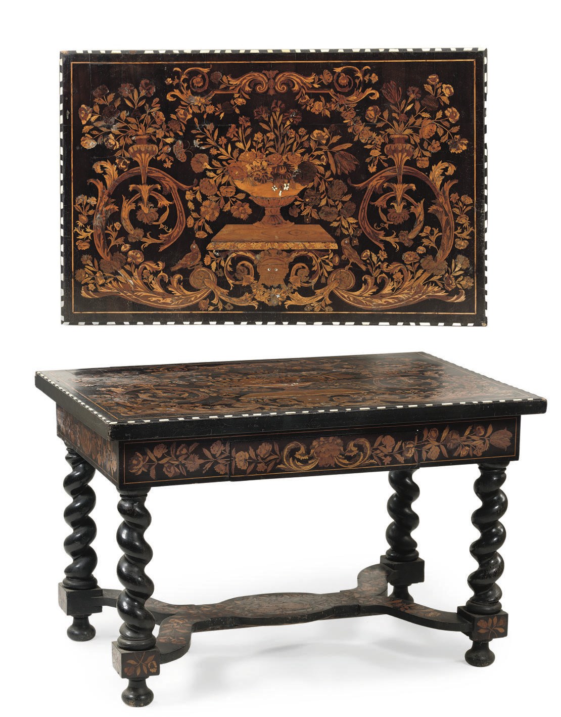 A FLEMISH BONE, EBONISED, ROSEWOOD, PADOUK, FRUITWOOD AND MARQUETRY CENTRE TABLE