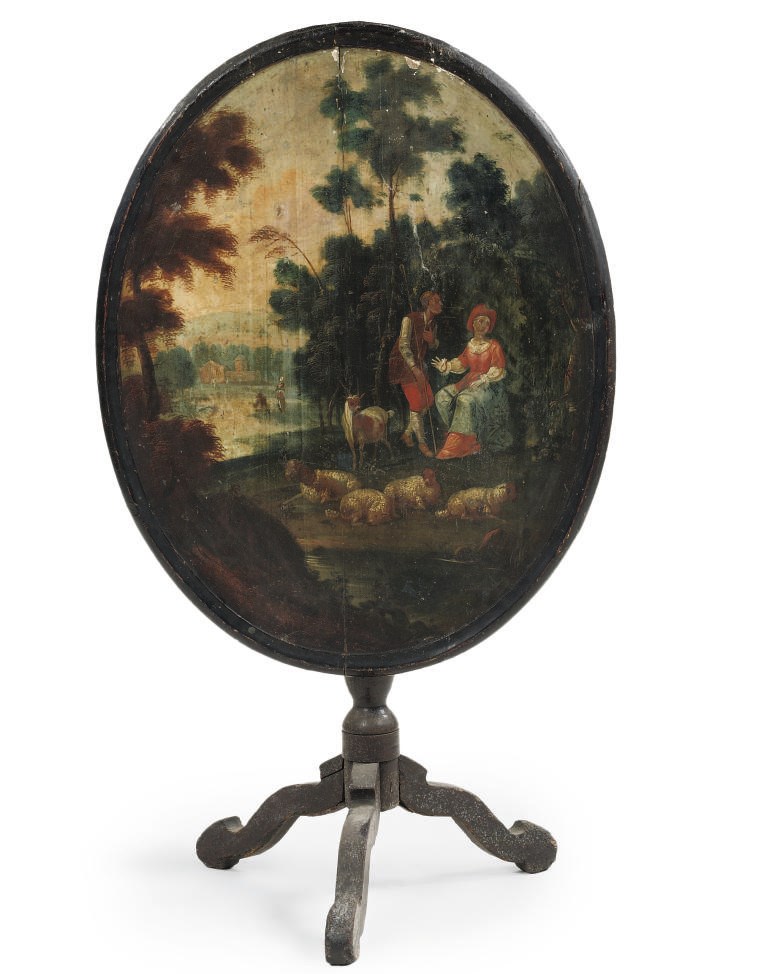 A DUTCH POLYCHROME DECORATED TILT-TOP TABLE 'FLAP AAN DE WAND'