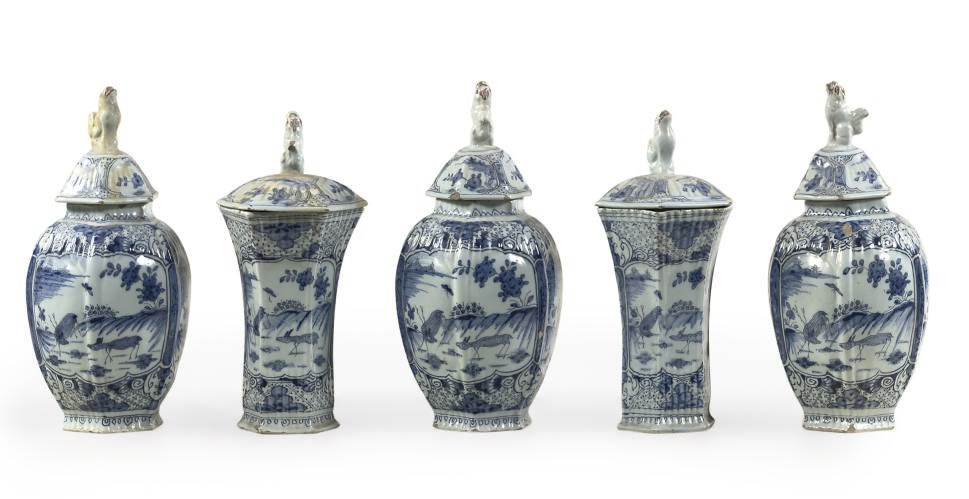 A FIVE PIECE DUTCH DELFT BLUE AND WHITE GARNITURE