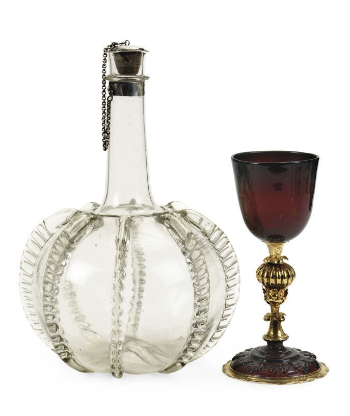 A NETHERLANDISH SILVER-MOUNTED GLASS BOTTLE