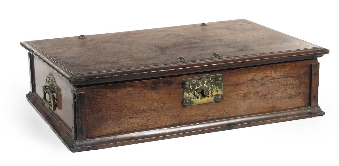A DUTCH COLONIAL BRASS-MOUNTED TEAK TRAVELLING CASKET