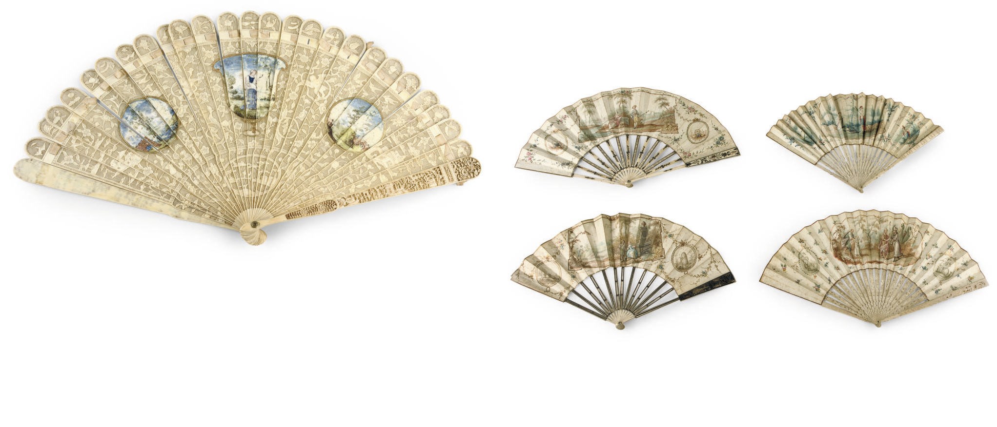 FOUR NORTH EUROPEAN, BONE IVORY AND PARCHMENT FANS