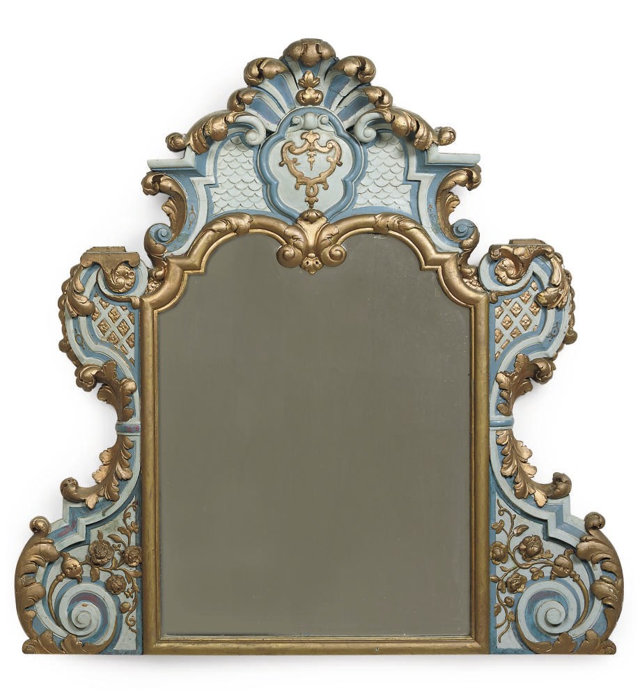 A DUTCH PARCEL-GILT AND BLUE PAINTED CARVED WOOD OVERMANTEL MIRROR